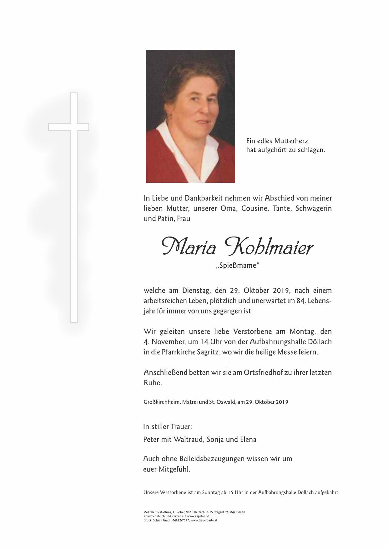 Traueranzeige von Maria Kohlmaier