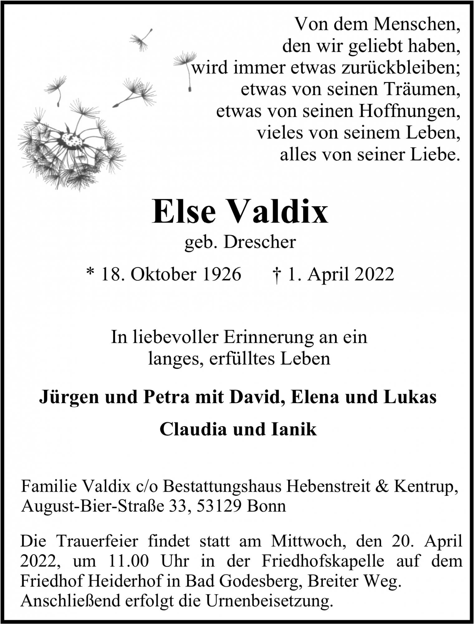 Traueranzeige von Else Valdix