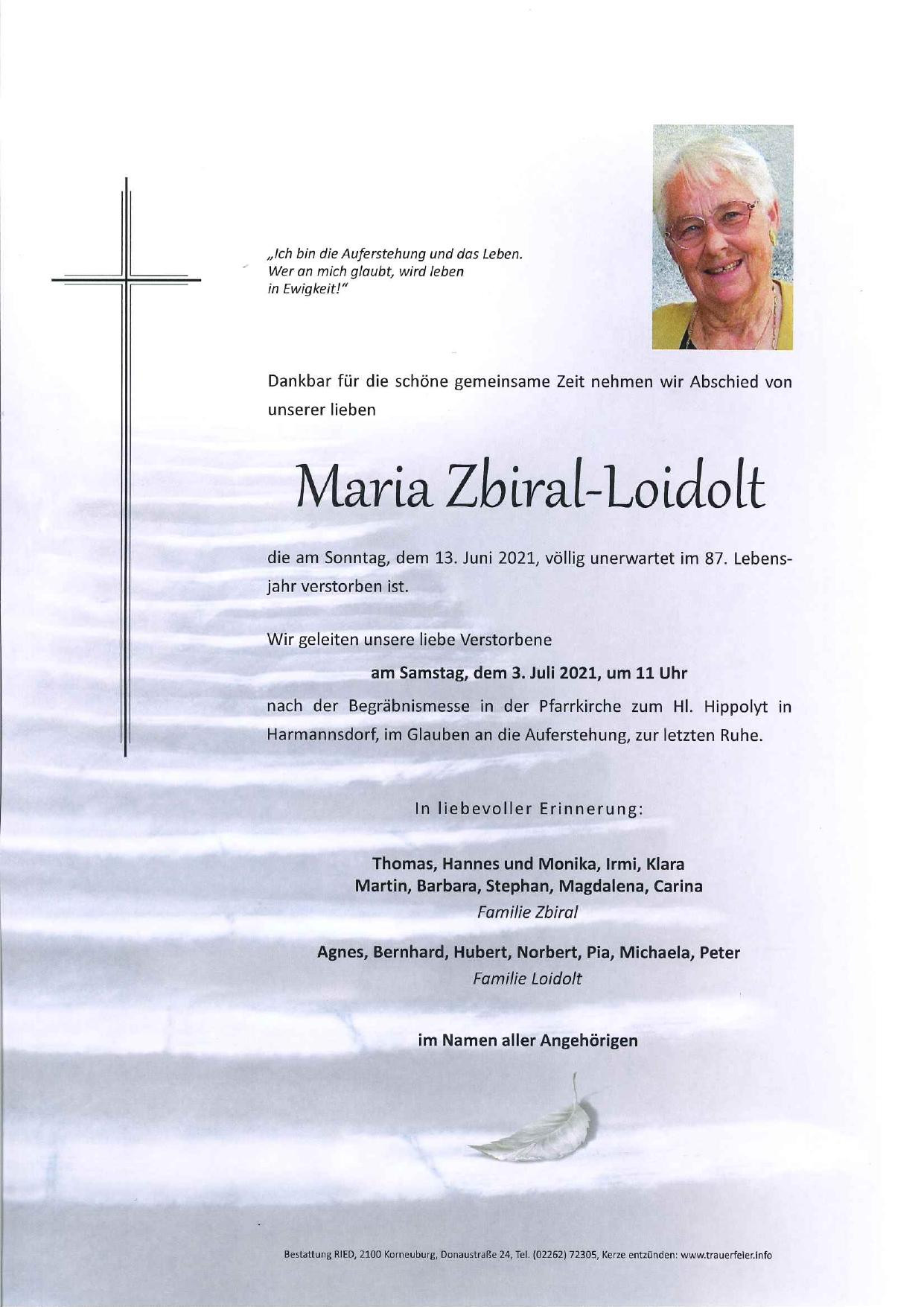 Traueranzeige von Maria Zbiral-Loidolt