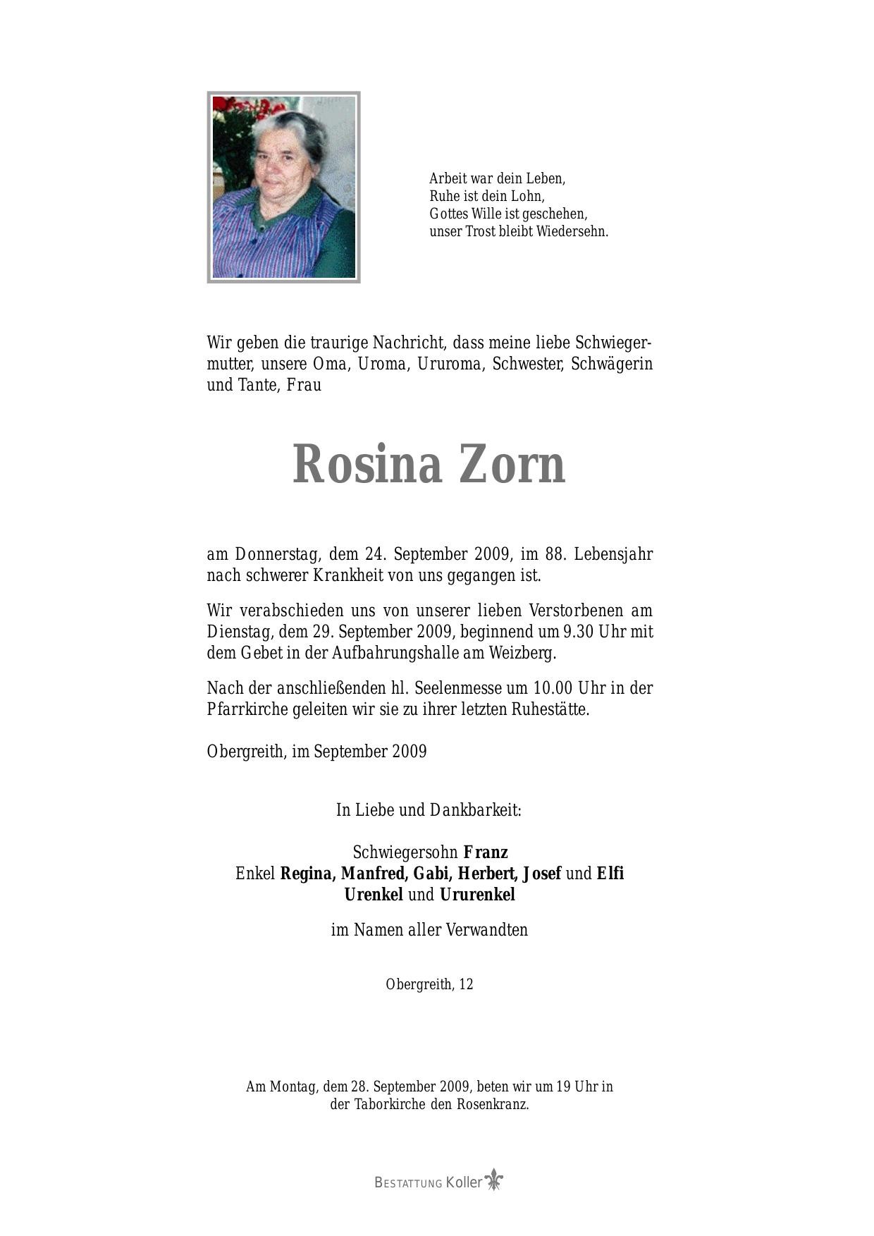 Traueranzeige von Rosina Zorn