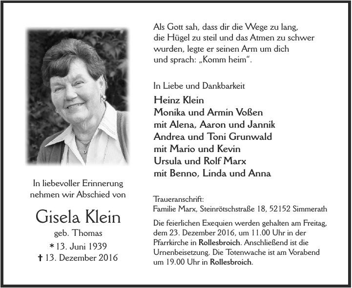 Traueranzeige von Gisela Klein