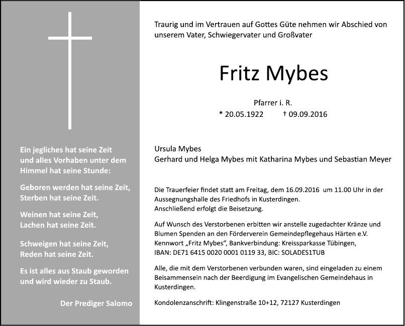 Traueranzeige von Pfarrer i.R. Fritz Mybes