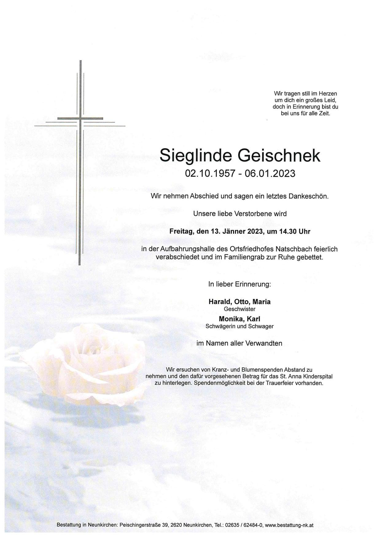 Traueranzeige von Sieglinde Geischnek