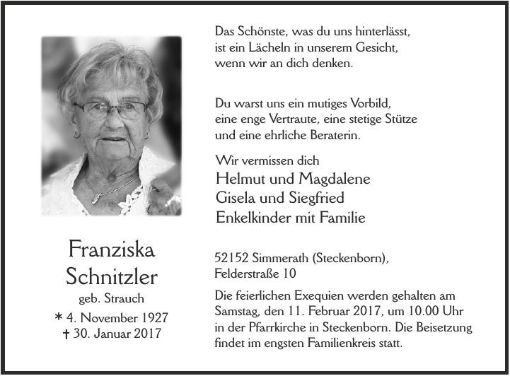 Traueranzeige von Franziska Schnitzler