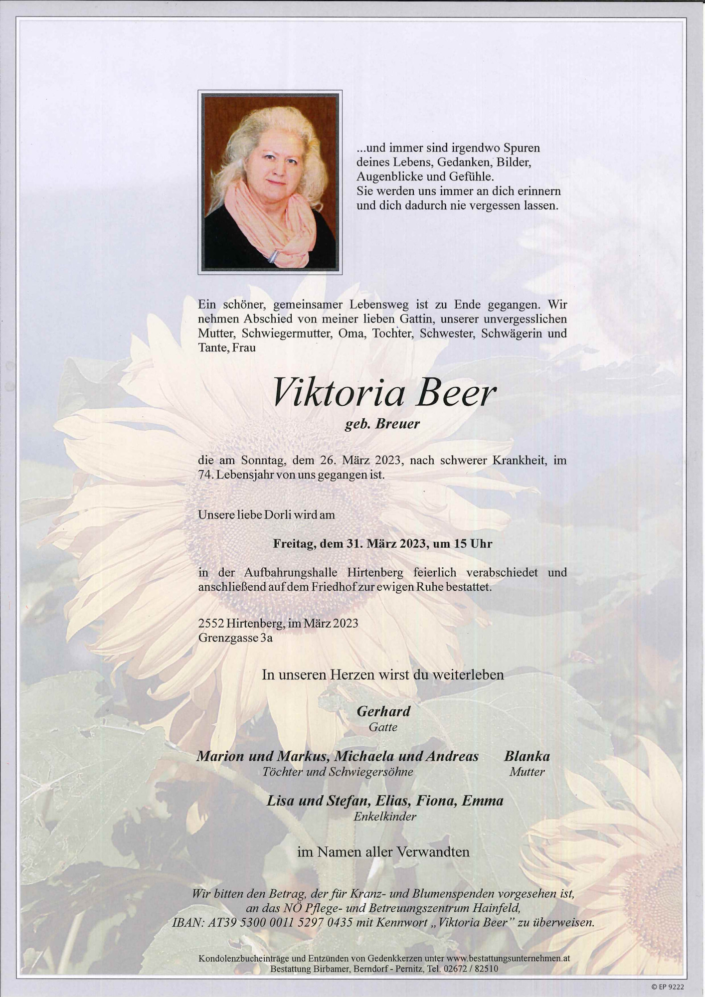 Traueranzeige von Viktoria Beer