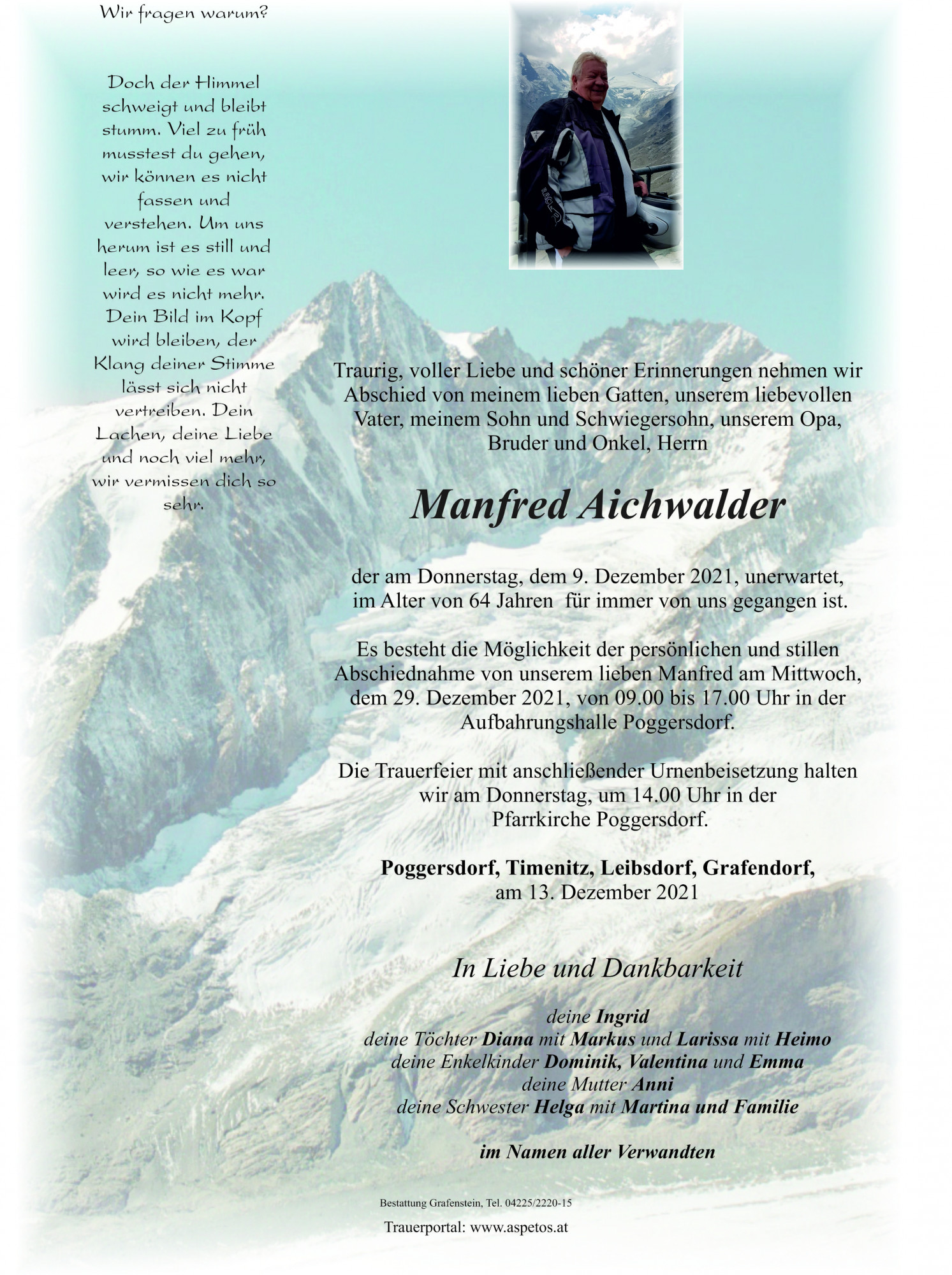 Traueranzeige von Herr Manfred Aichwalder