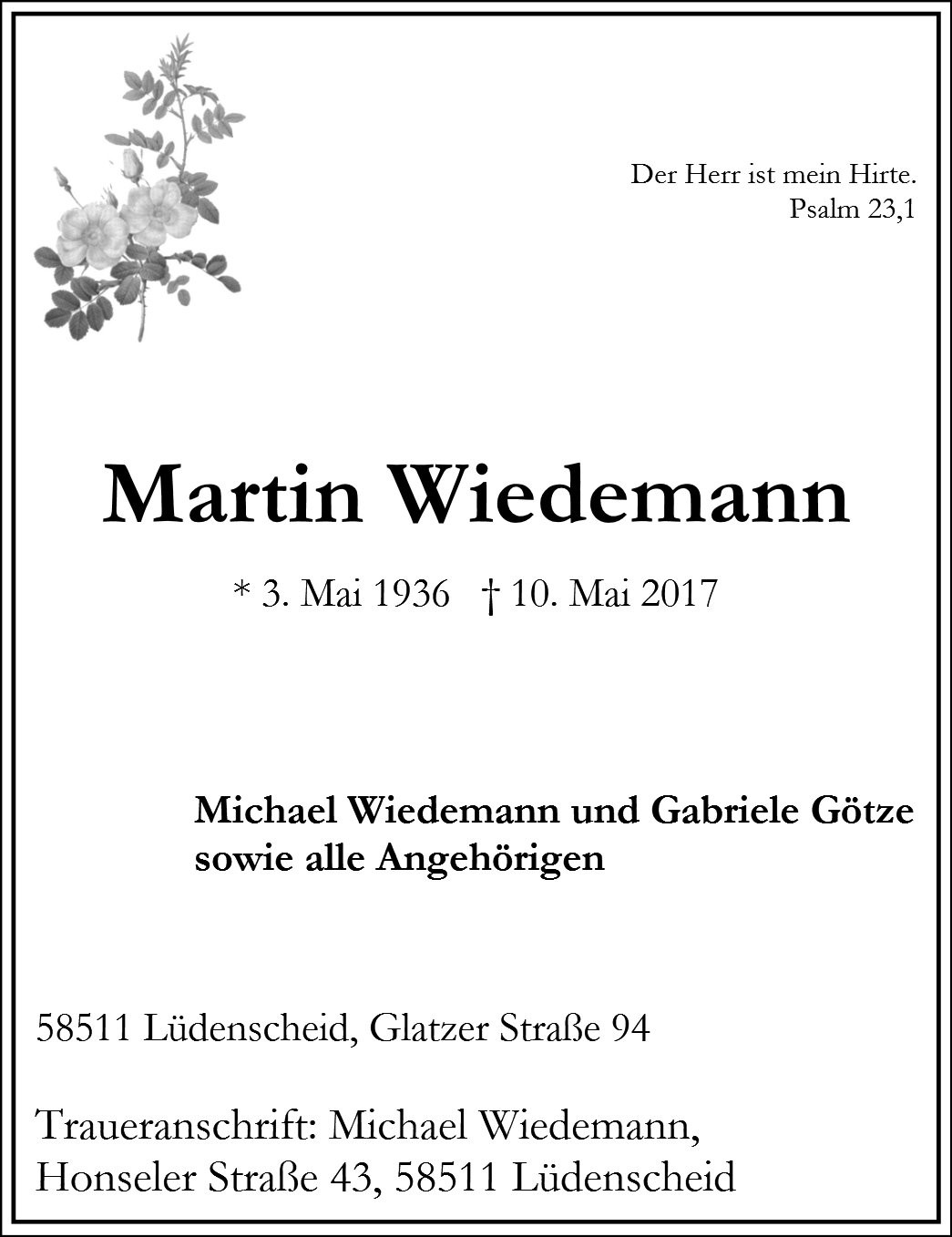 Traueranzeige von Martin Wiedemann