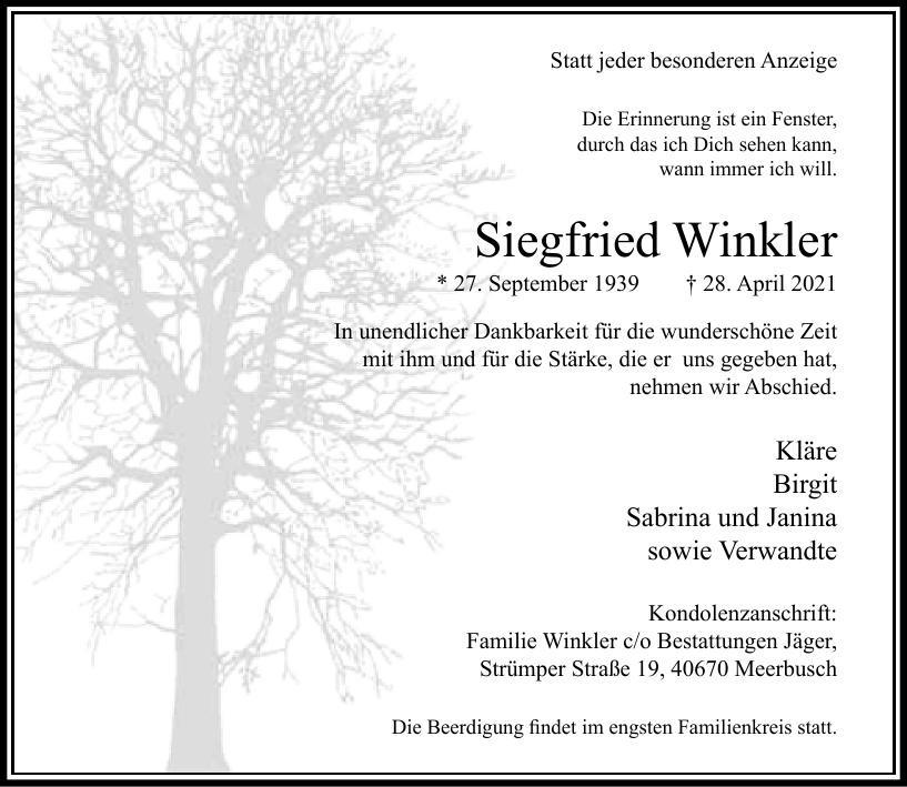 Traueranzeige von Siegfried Winkler