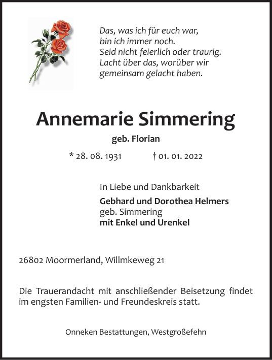 Traueranzeige von Annemarie Simmering