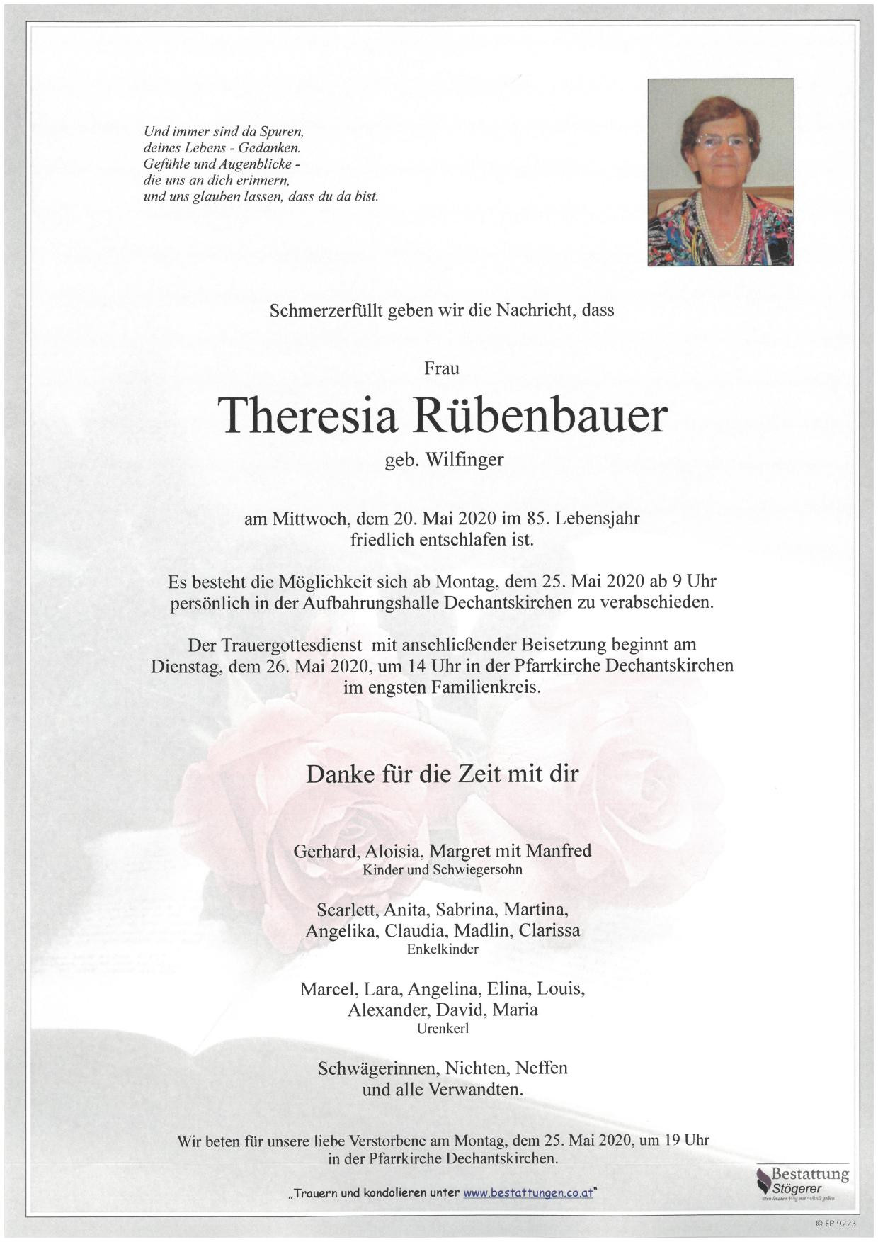 Traueranzeige von Theresia Rübenbauer