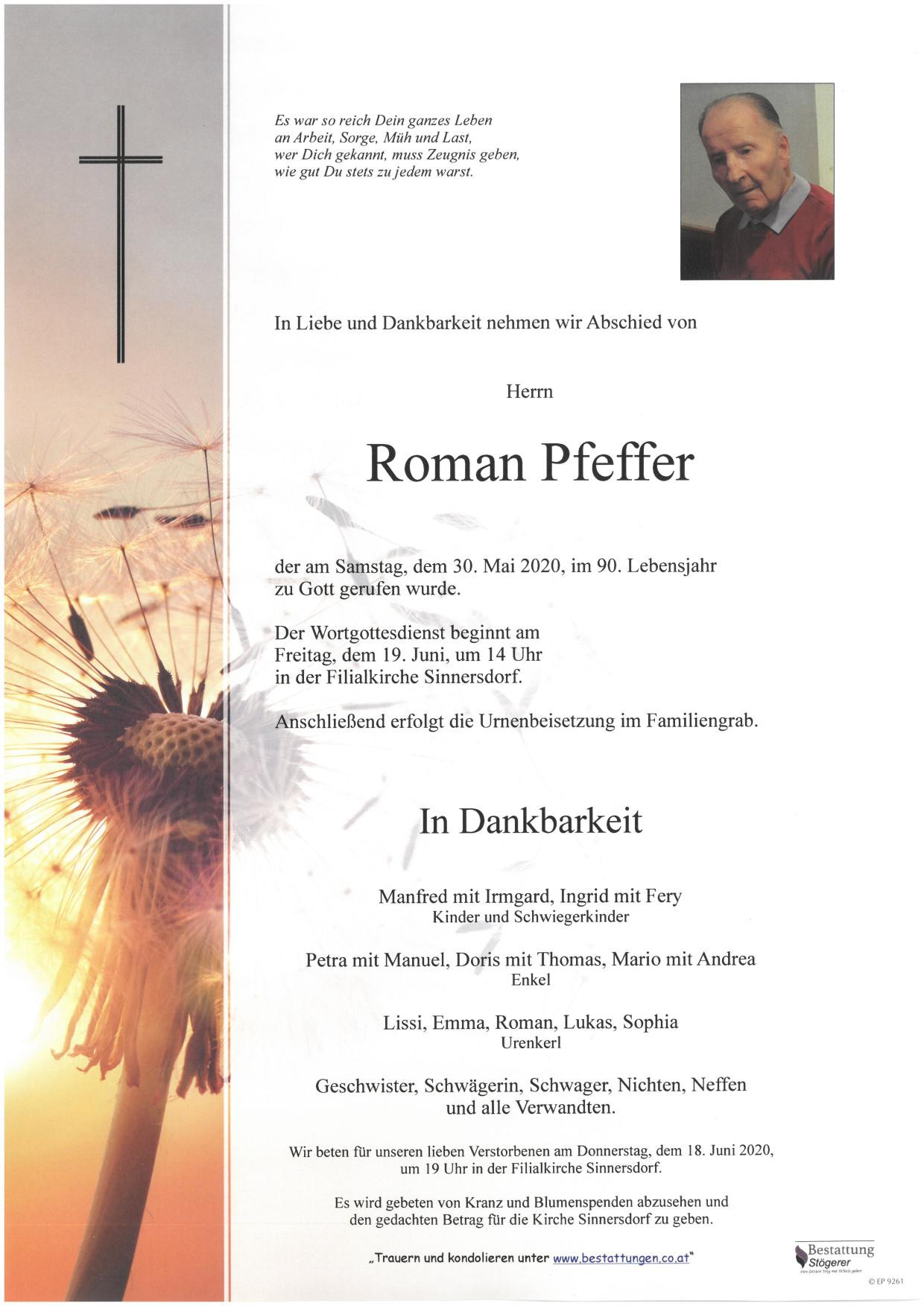 Traueranzeige von Roman Pfeffer