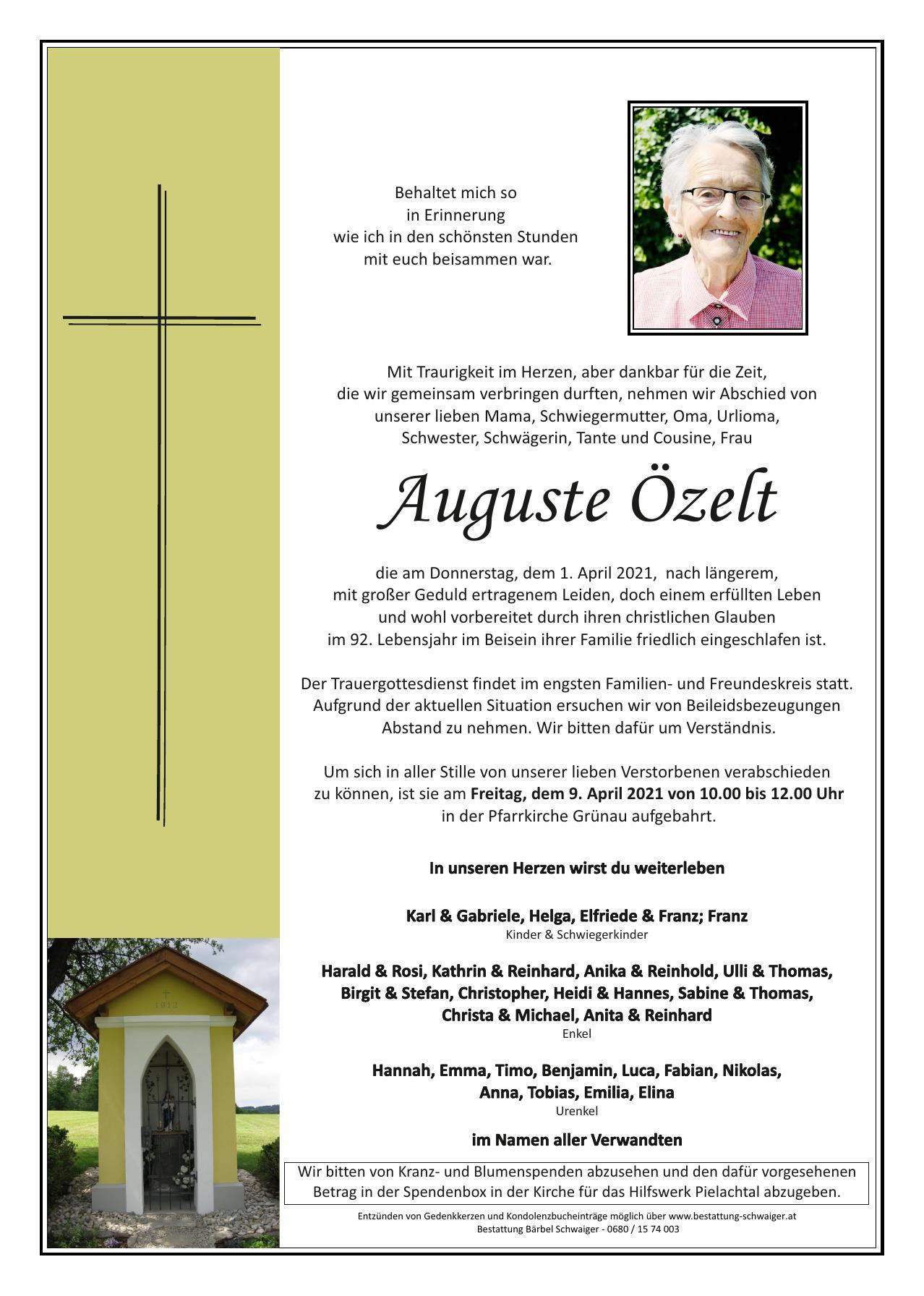 Traueranzeige von Auguste Özelt