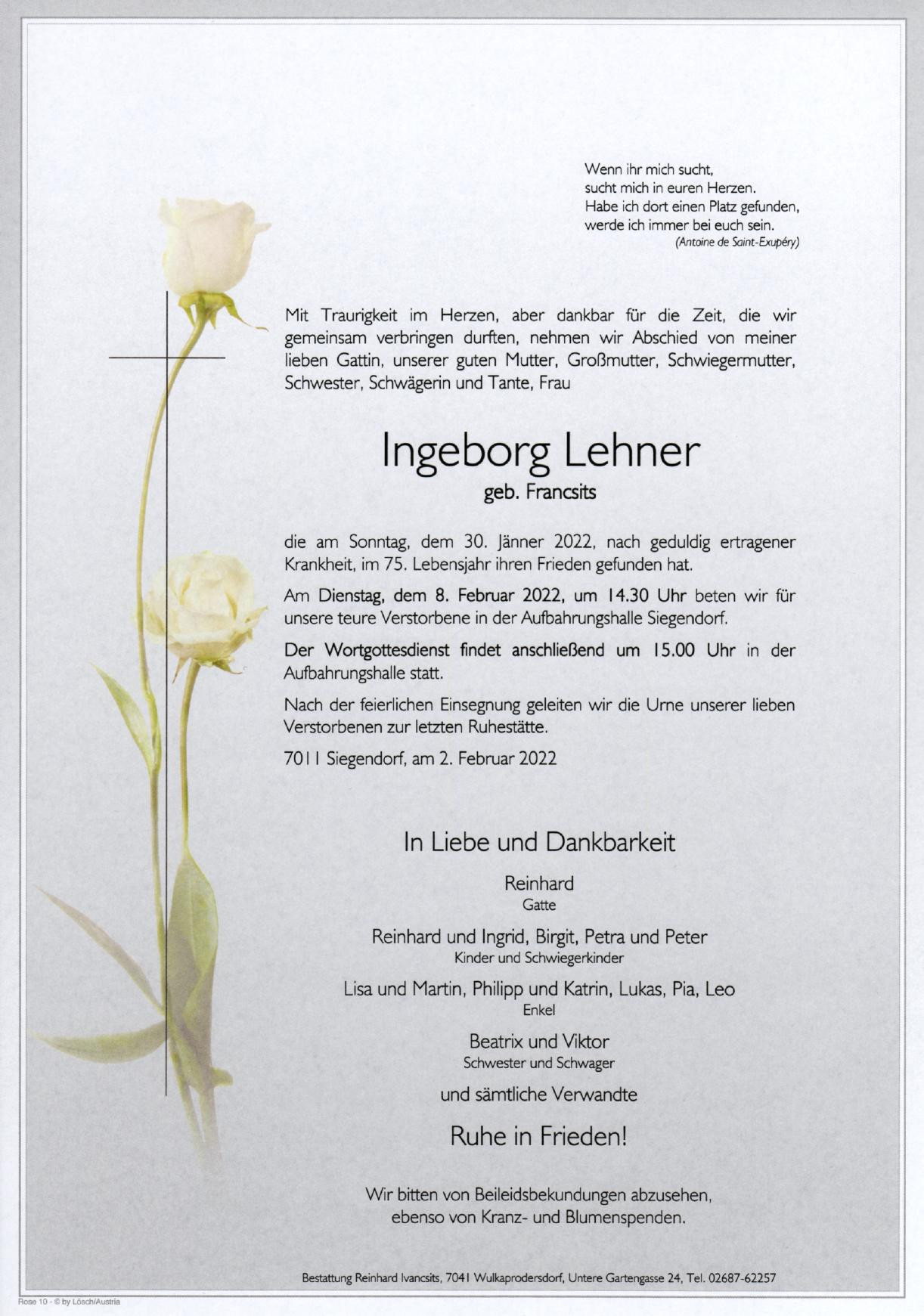 Traueranzeige von Ingeborg Lehner