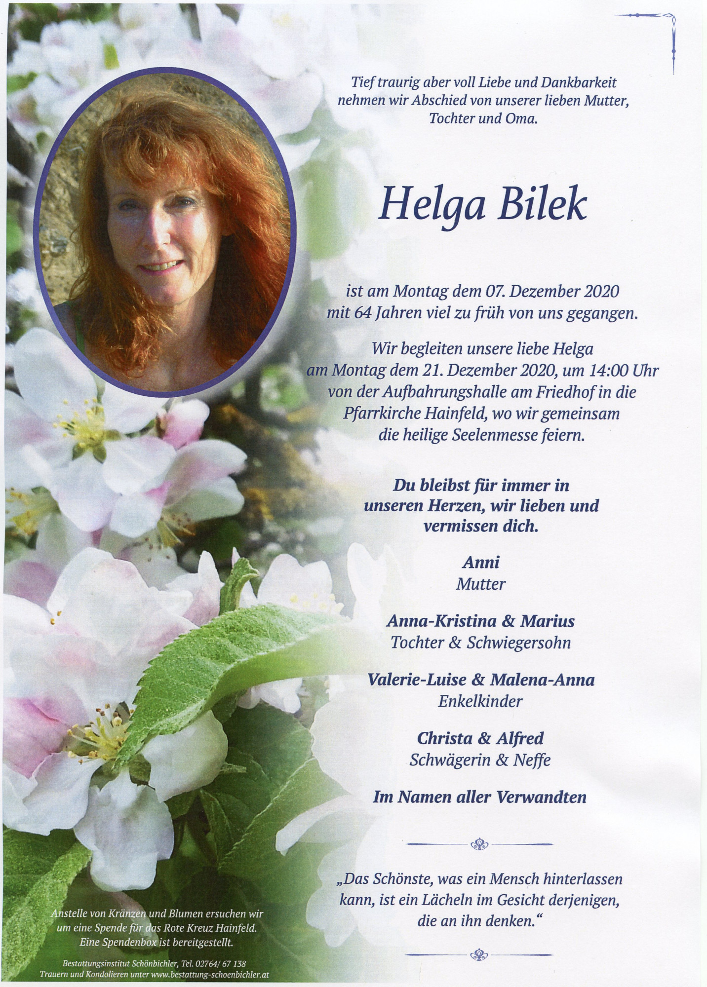 Traueranzeige von Helga Bilek