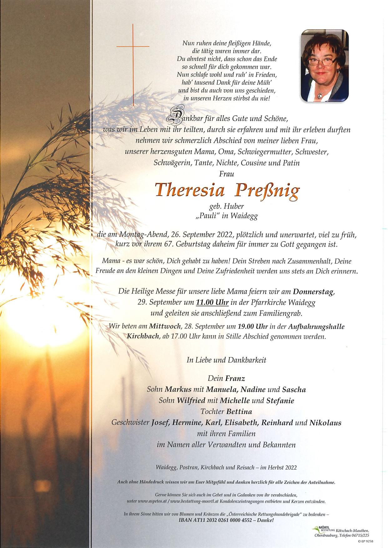 Traueranzeige von Theresia Preßnig