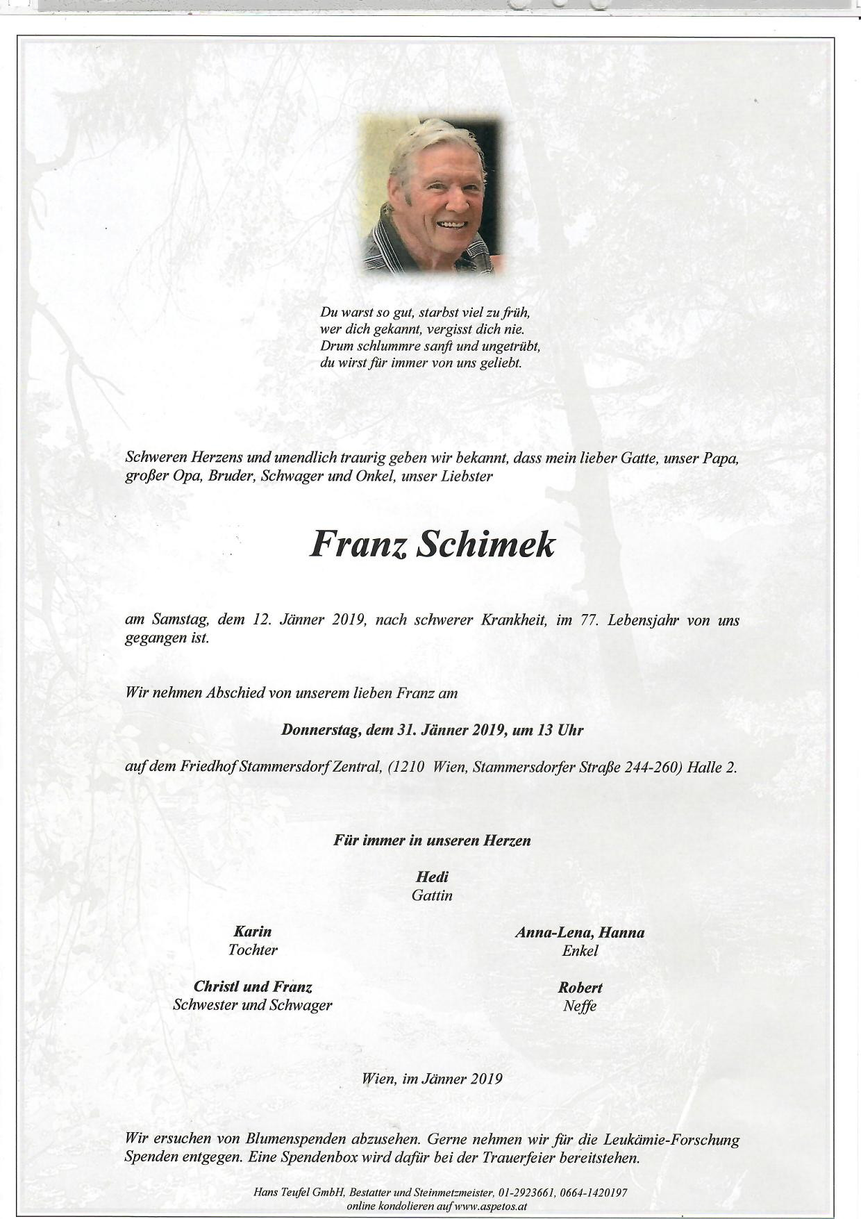 Traueranzeige von Franz Schimek