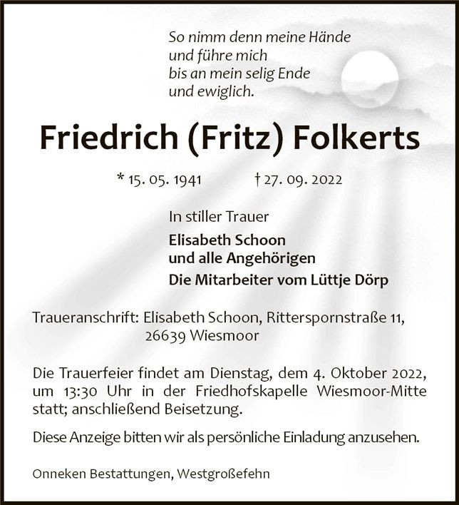Traueranzeige von Friedrich Folkerts