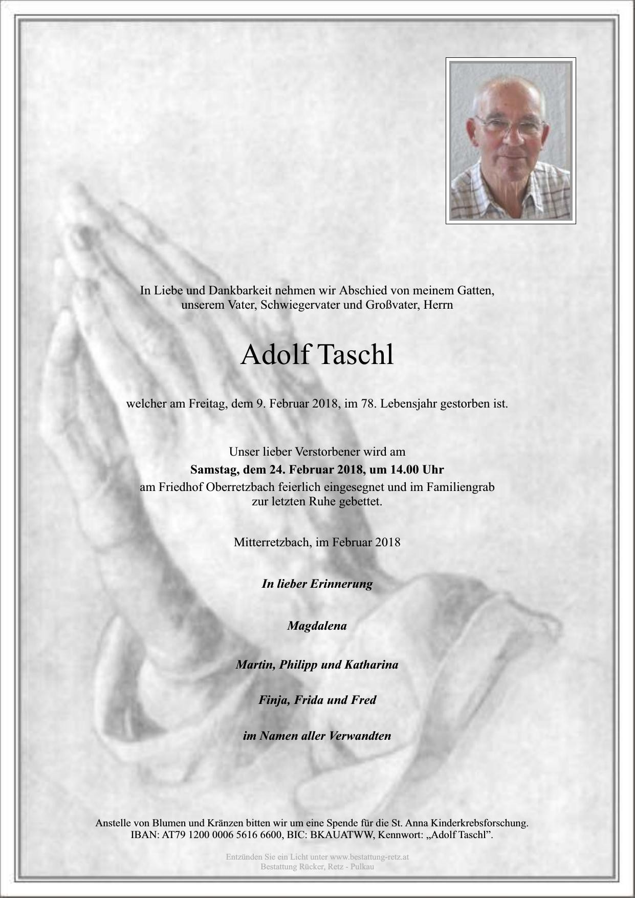 Traueranzeige von Adolf Taschl