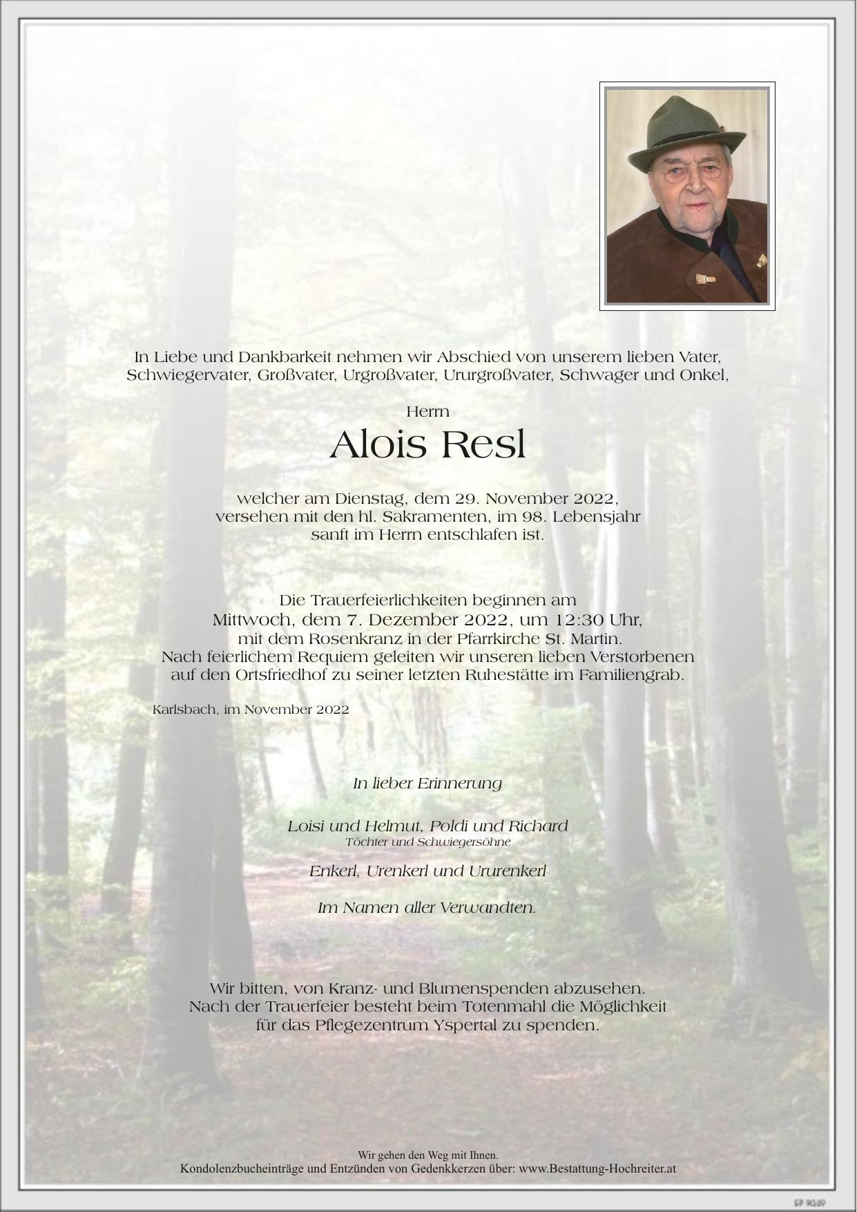 Traueranzeige von Alois Resl