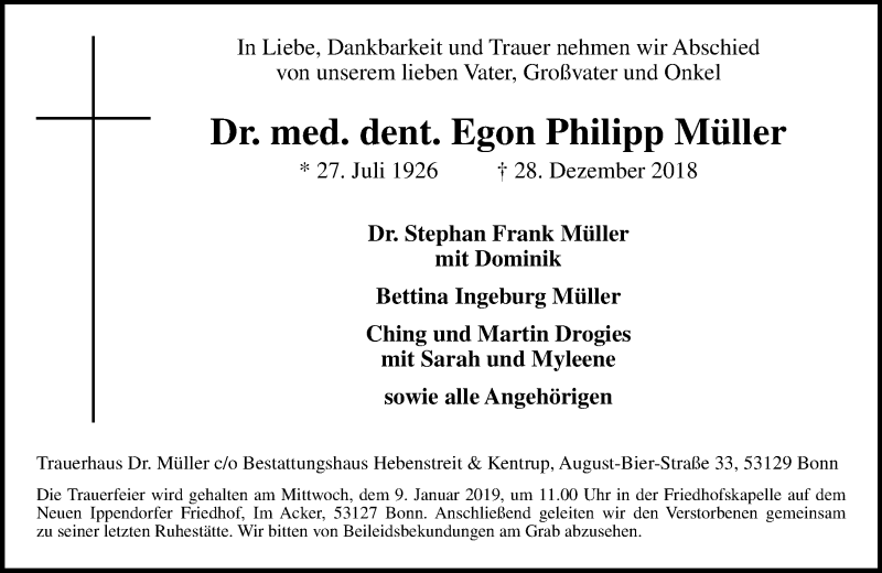 Traueranzeige von Dr. med. dent. Egon Philipp Müller