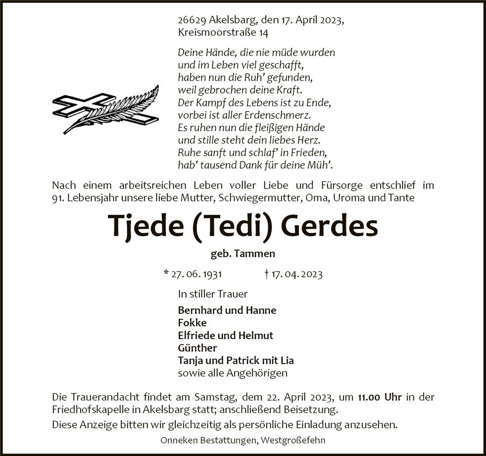 Traueranzeige von Tjede Gerdes