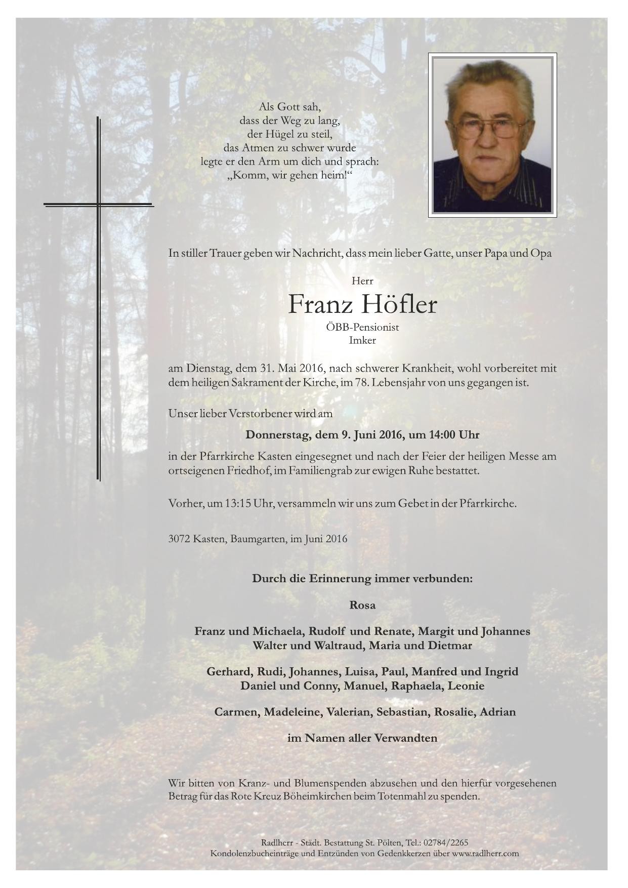 Traueranzeige von Franz Höfler