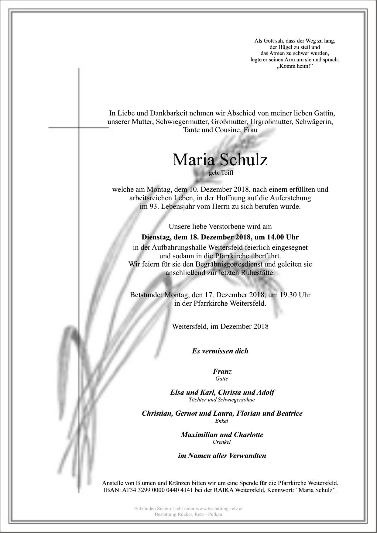 Traueranzeige von Maria Schulz