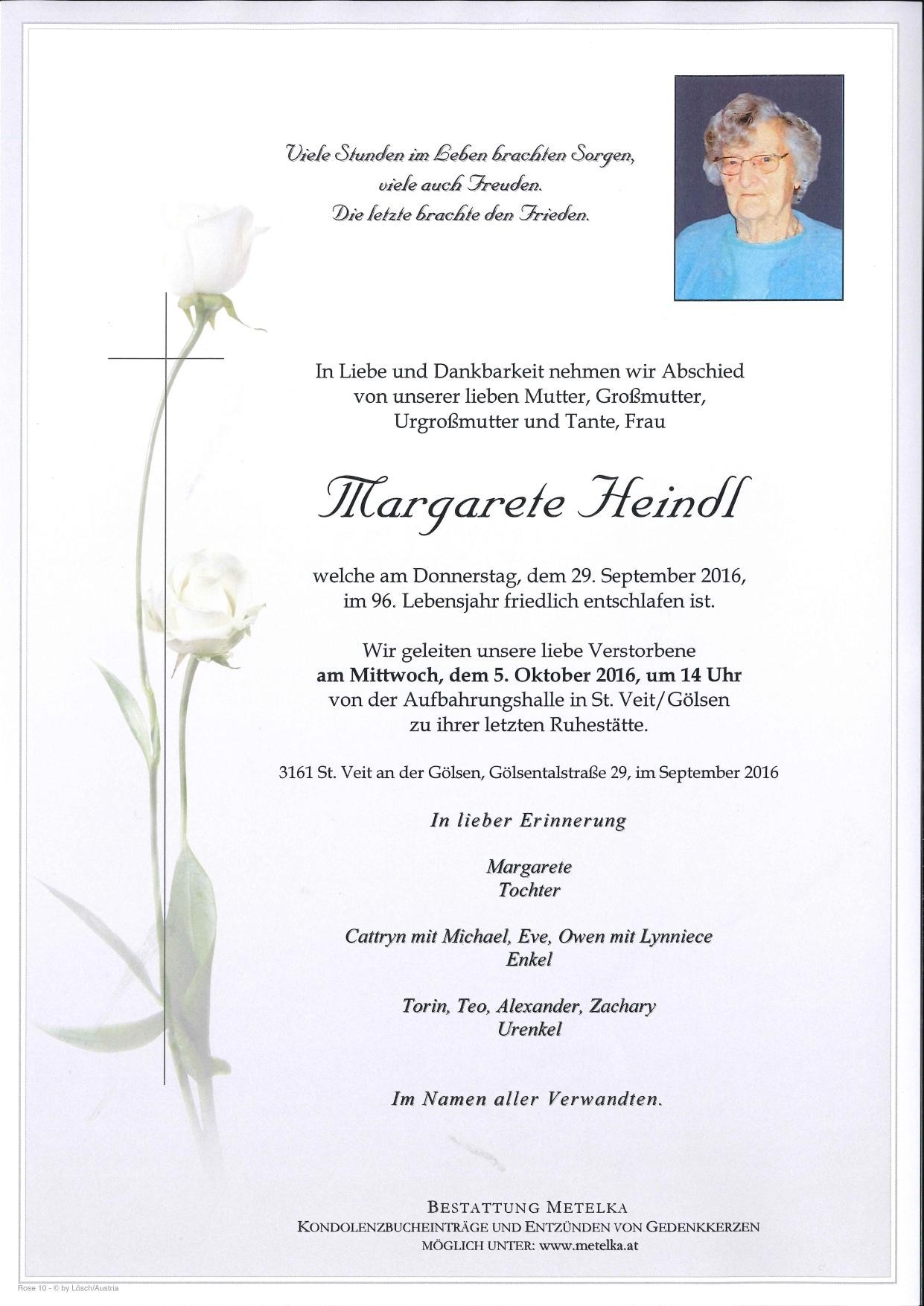 Traueranzeige von Margarete Heindl