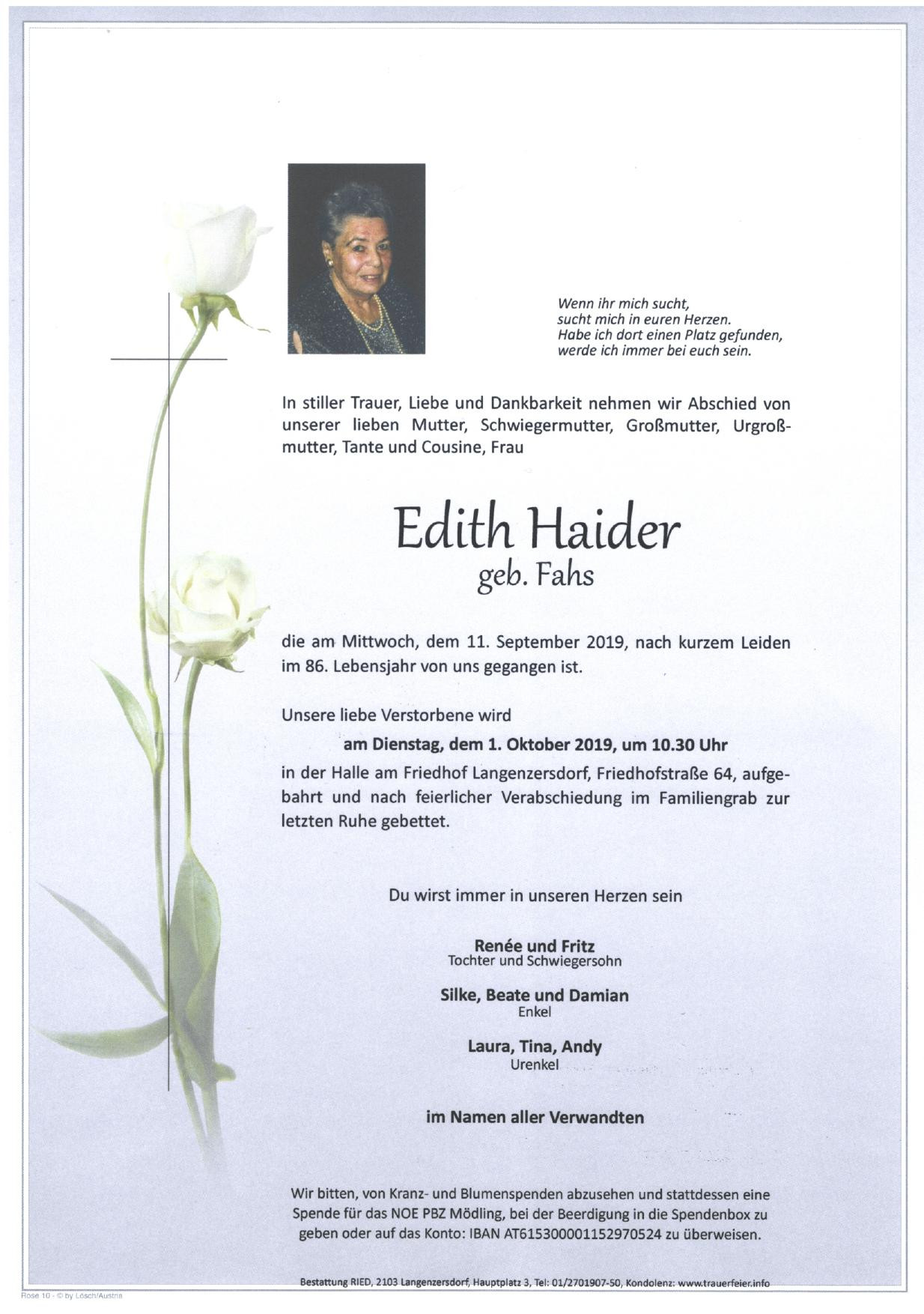 Traueranzeige von Edith Haider