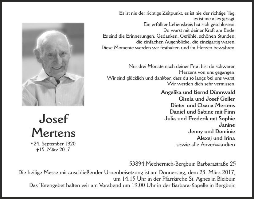 Traueranzeige von Josef Mertens