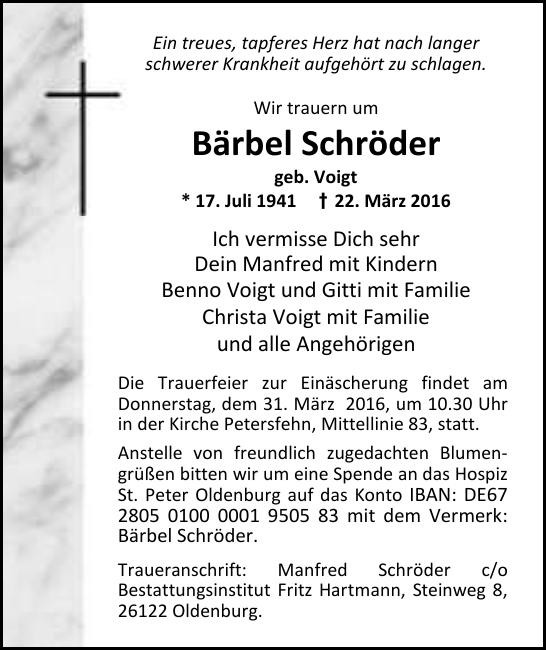 Traueranzeige von Bärbel Schröder