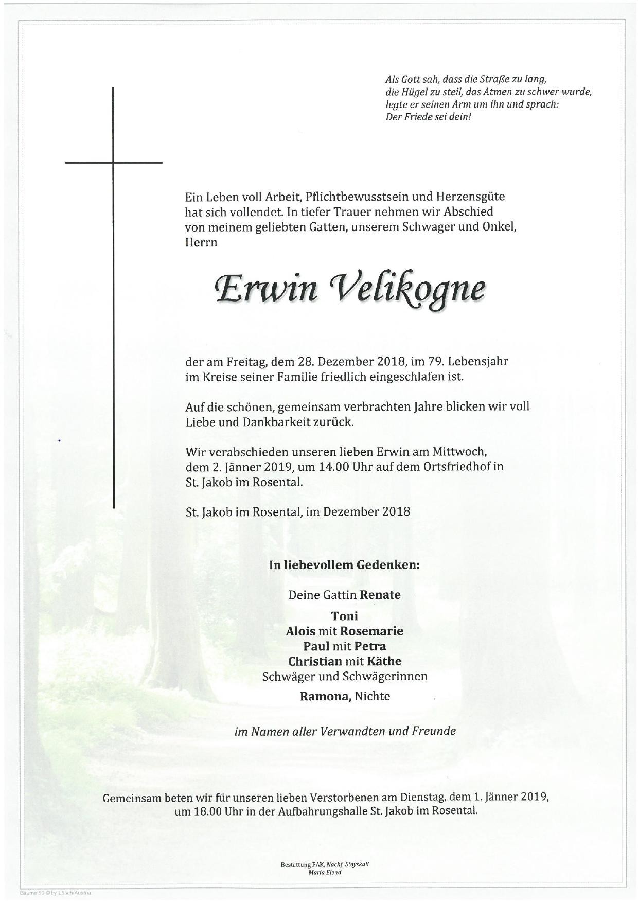 Traueranzeige von Erwin Velikogne