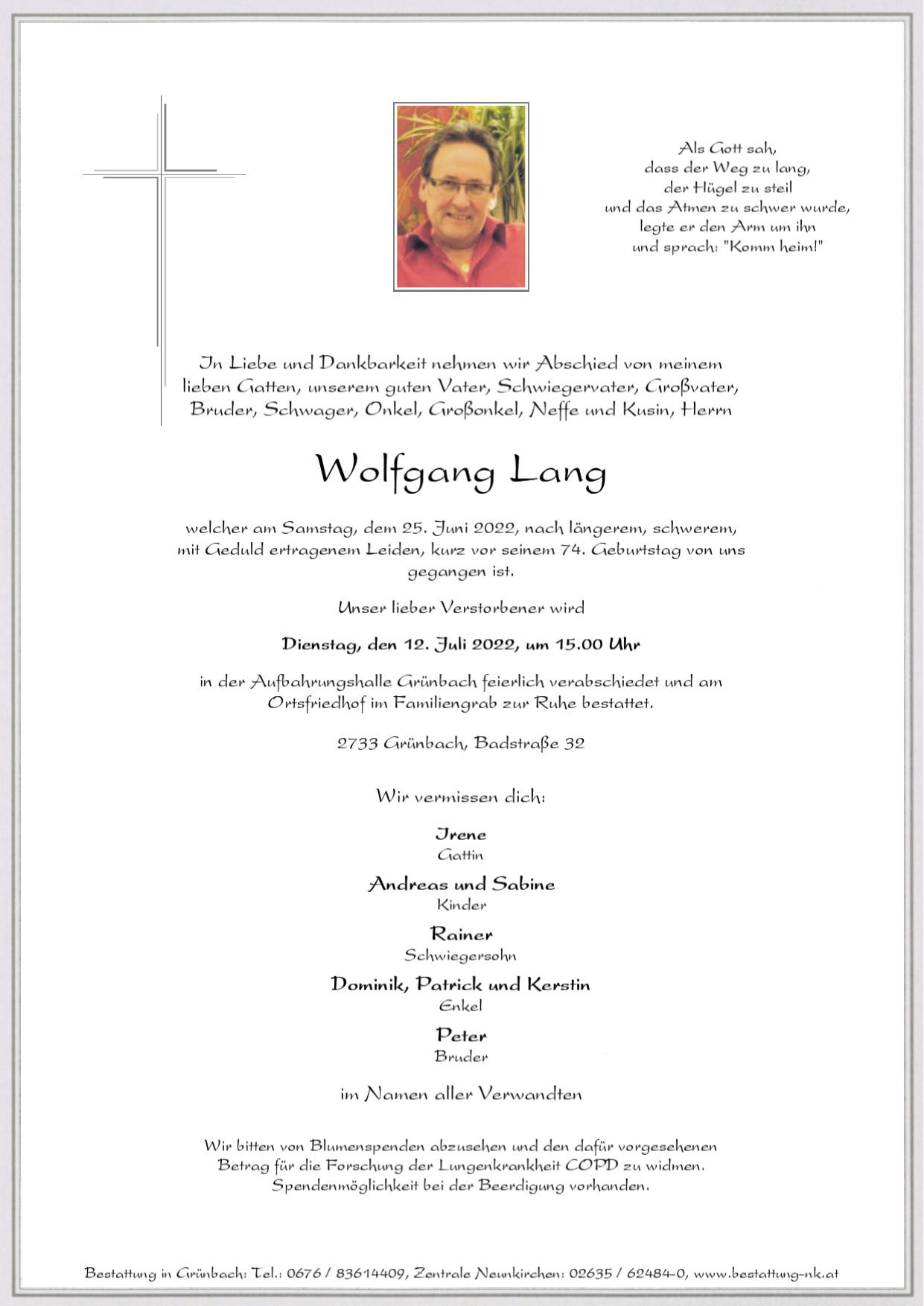 Traueranzeige von Wolfgang Lang