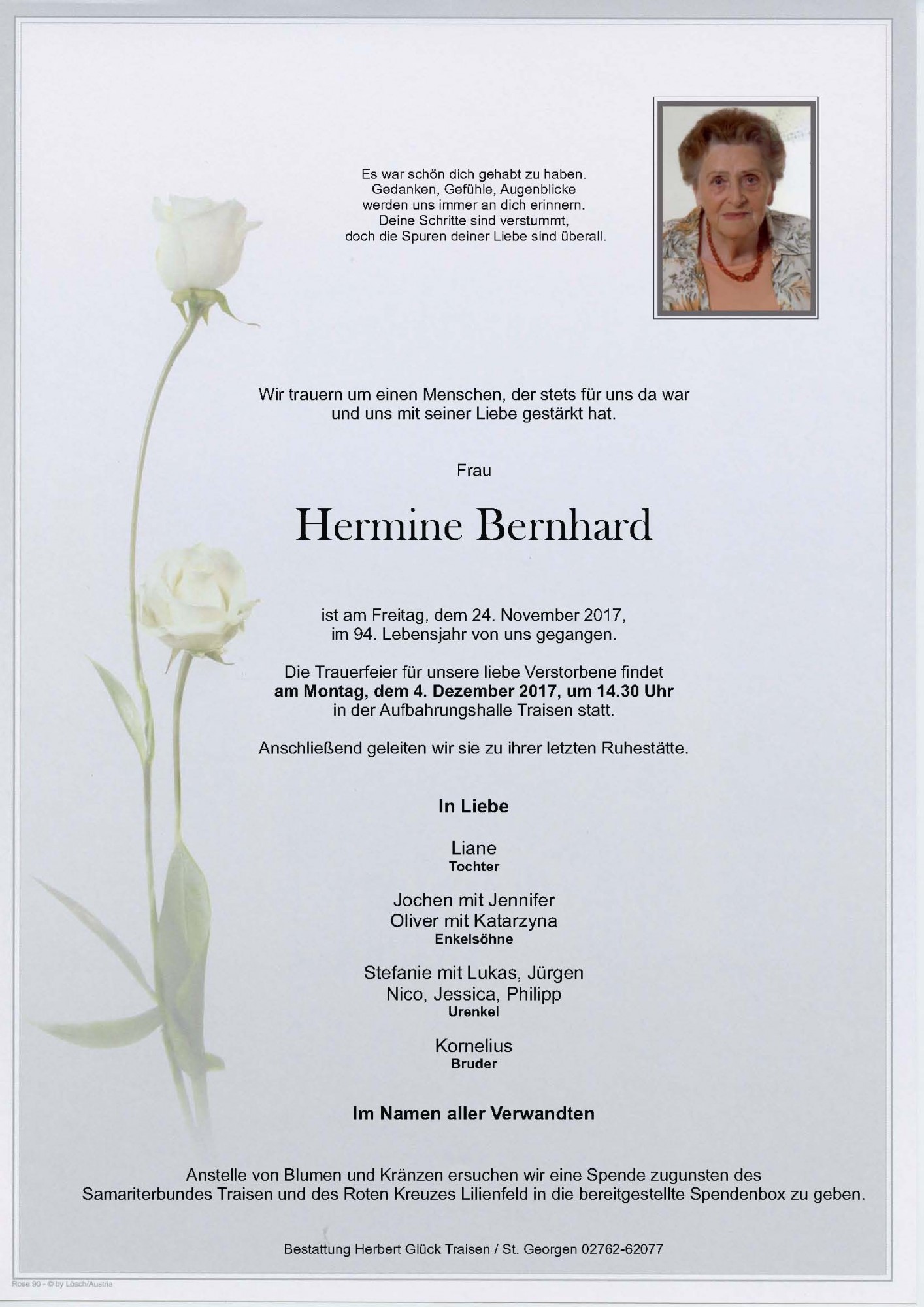 Traueranzeige von Hermine Bernhard