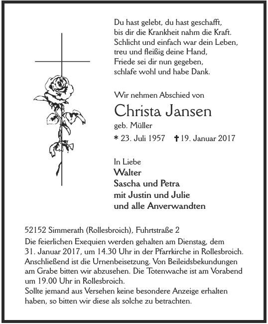 Traueranzeige von Christa Jansen