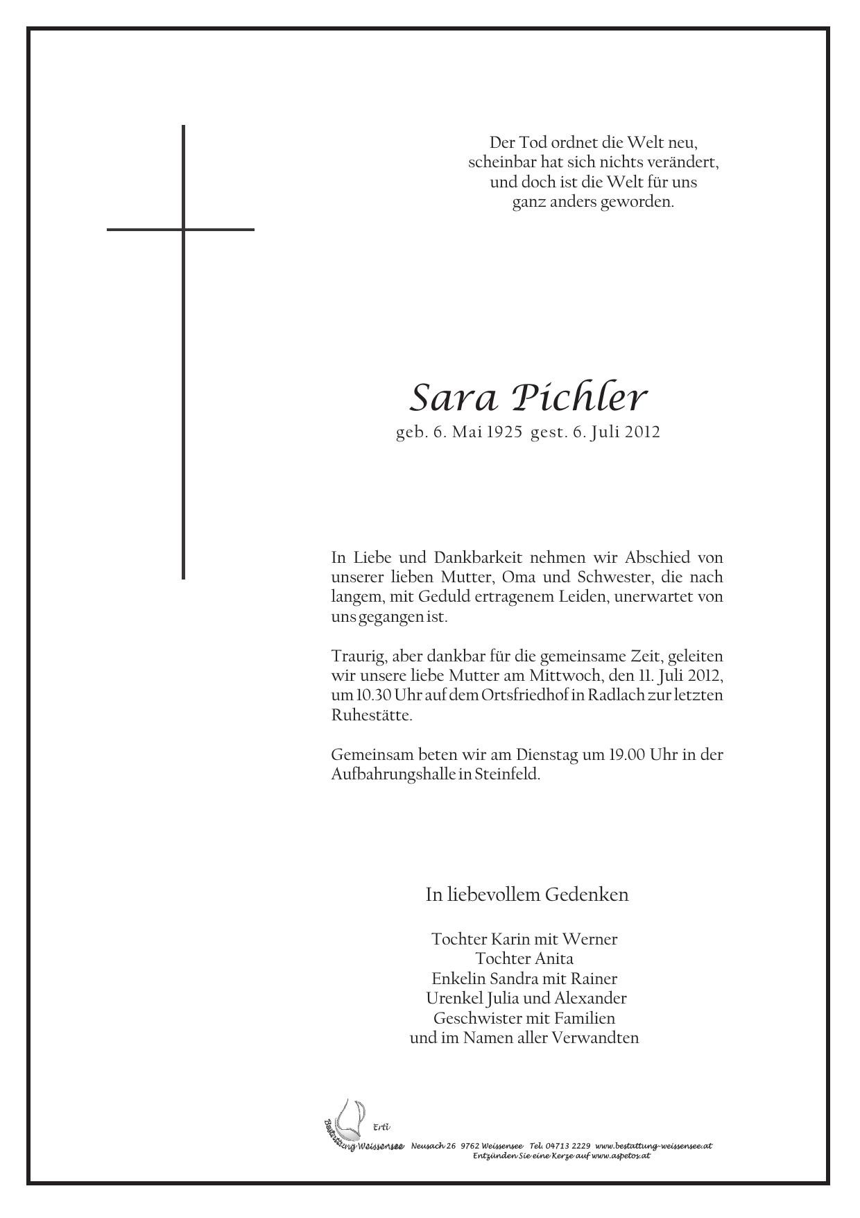 Traueranzeige von Sara Pichler