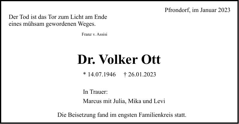 Traueranzeige von Dr. Volker Ott