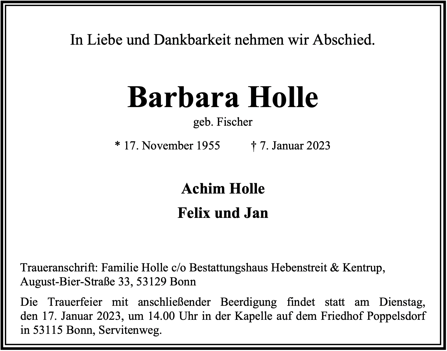 Traueranzeige von Barbara Holle
