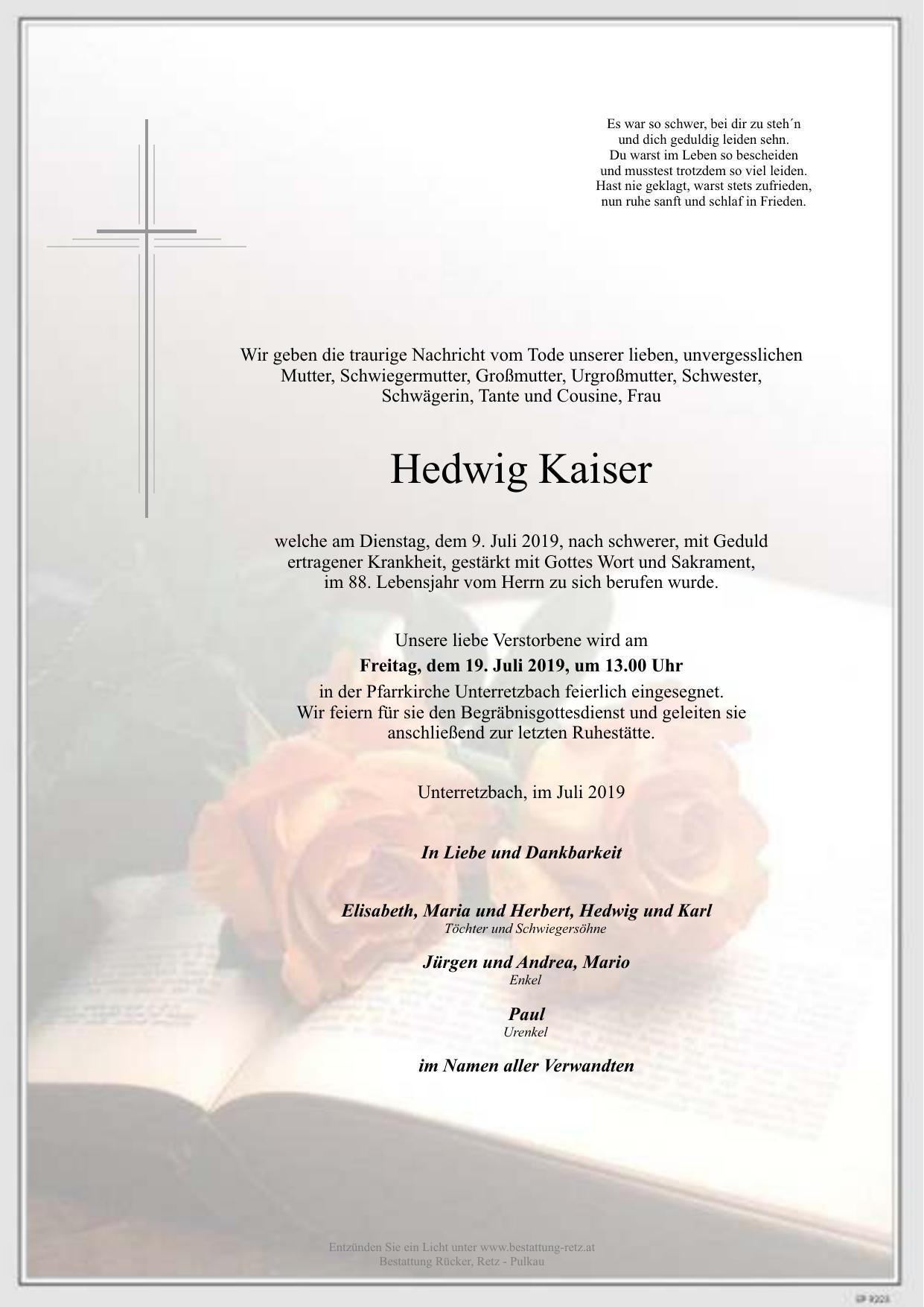 Traueranzeige von Hedwig Kaiser
