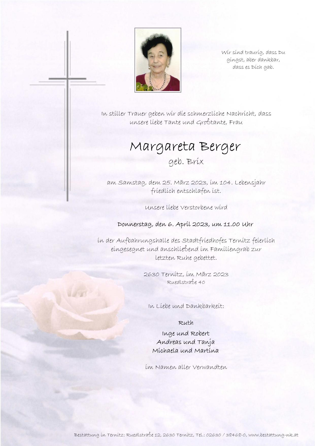 Traueranzeige von Margareta Berger