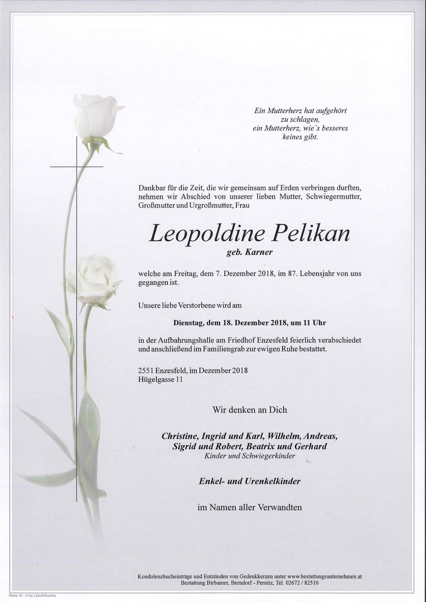 Traueranzeige von Leopoldine Pelikan
