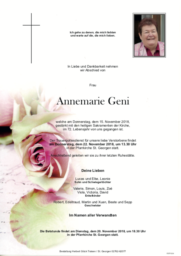 Traueranzeige von Annemarie Geni