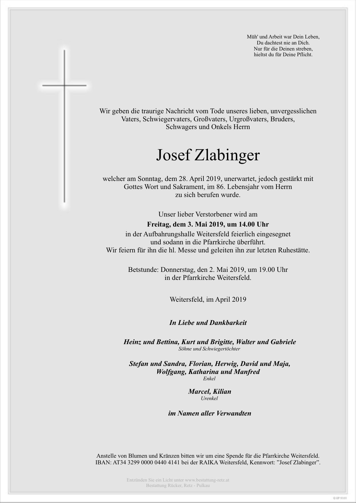 Traueranzeige von Josef Zlabinger