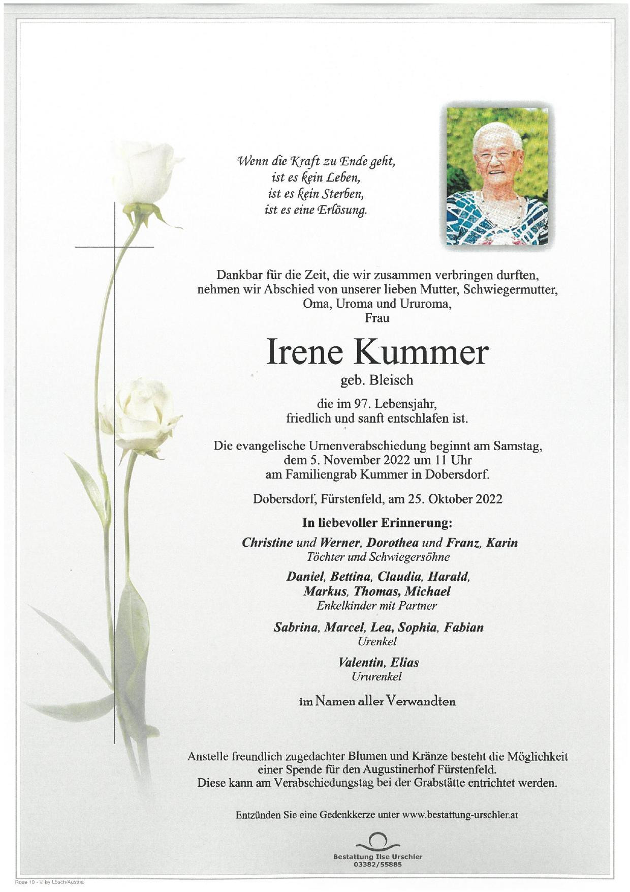 Traueranzeige von Irene Kummer