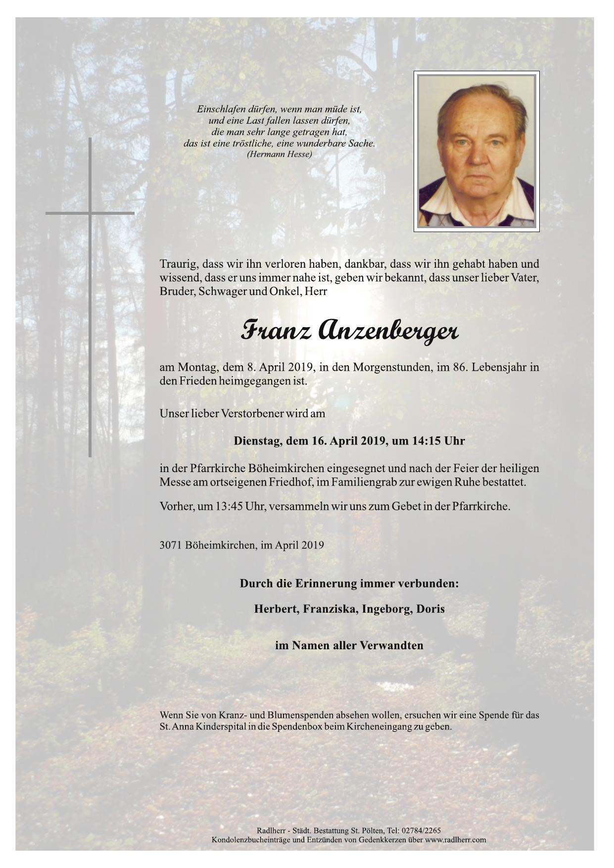 Traueranzeige von Franz Anzenberger
