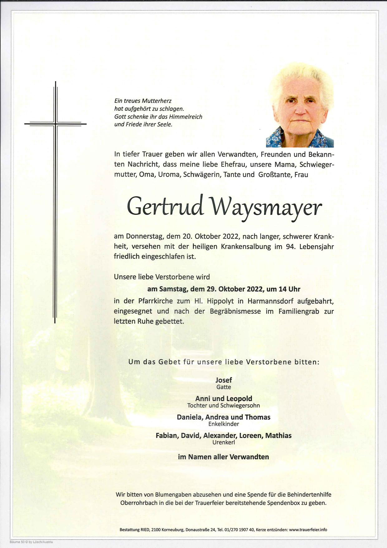 Traueranzeige von Gertrud Waysmayer