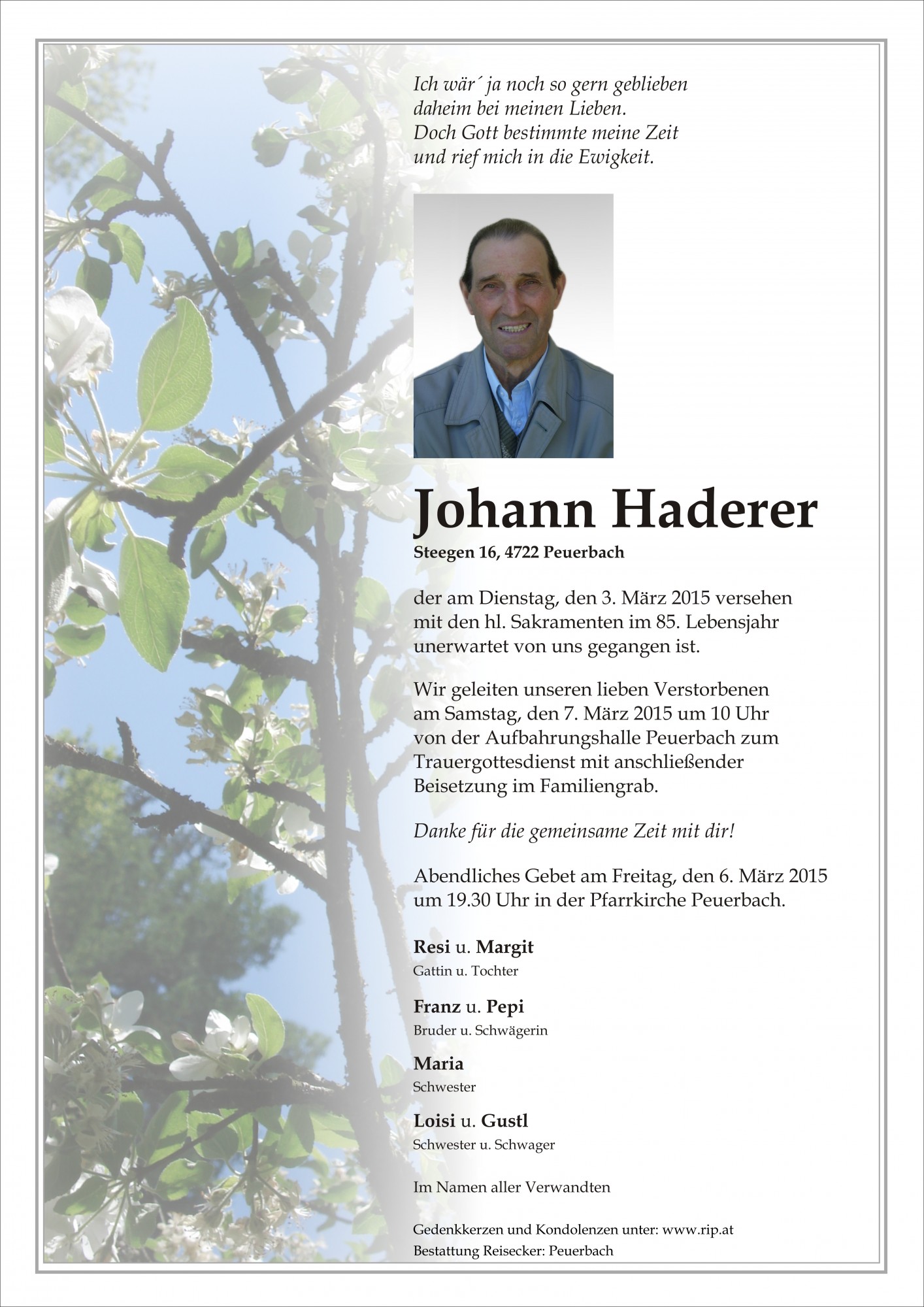 Traueranzeige von Johann Haderer