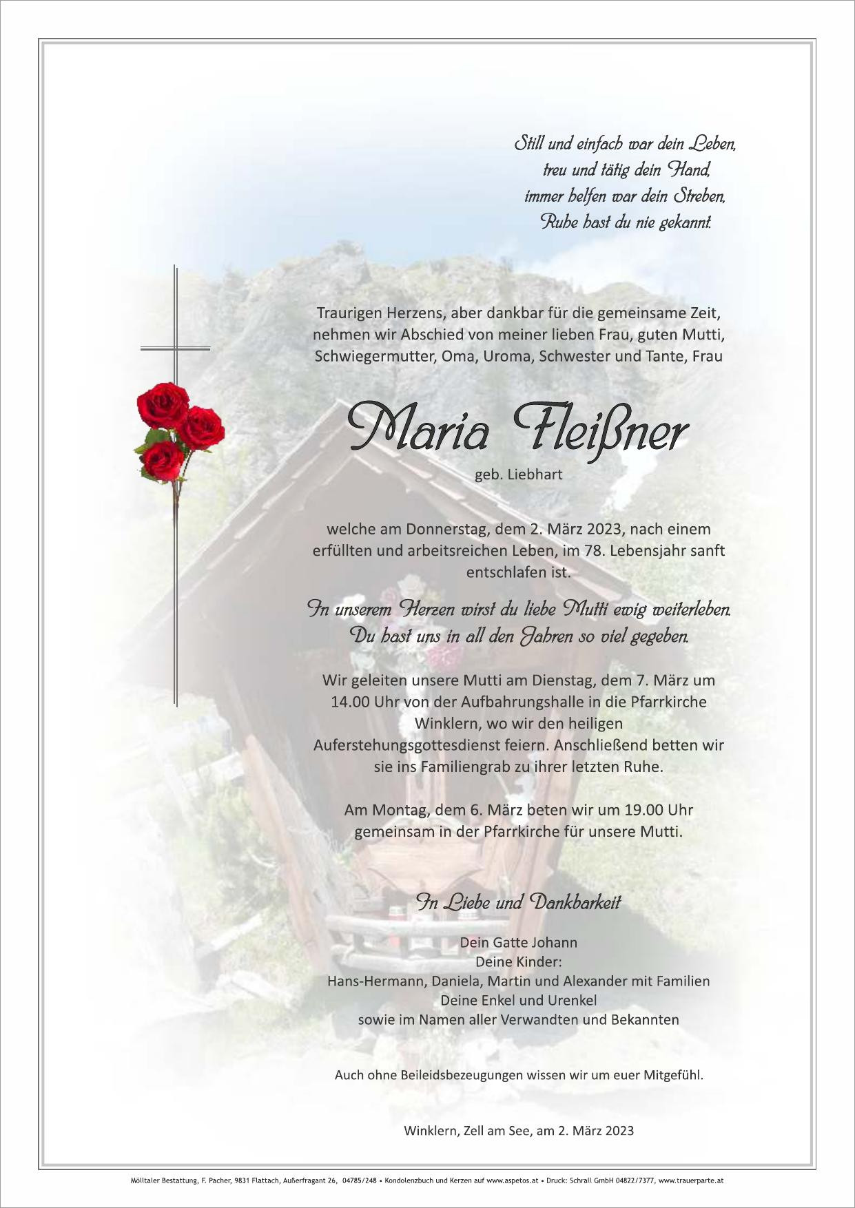 Traueranzeige von Maria Fleißner