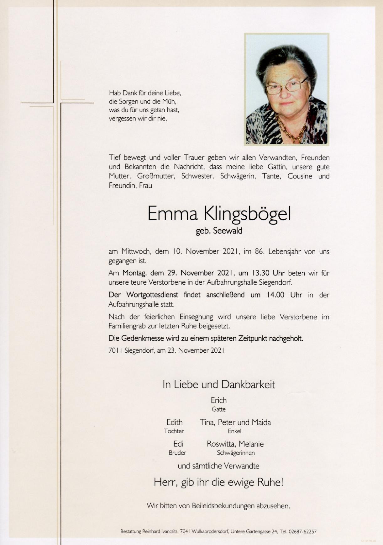 Traueranzeige von Emma Klingsbögel