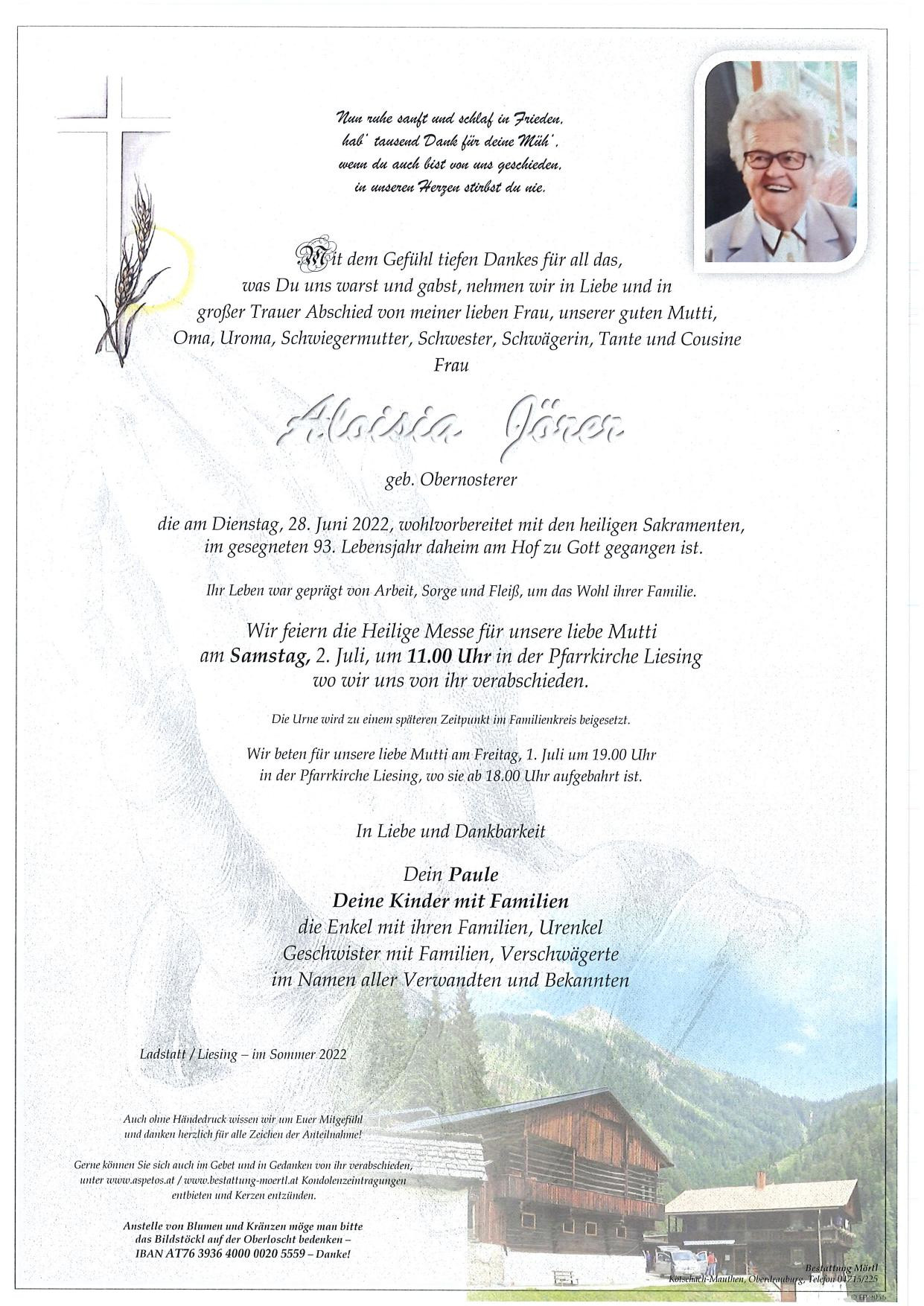Traueranzeige von Aloisia Jörer